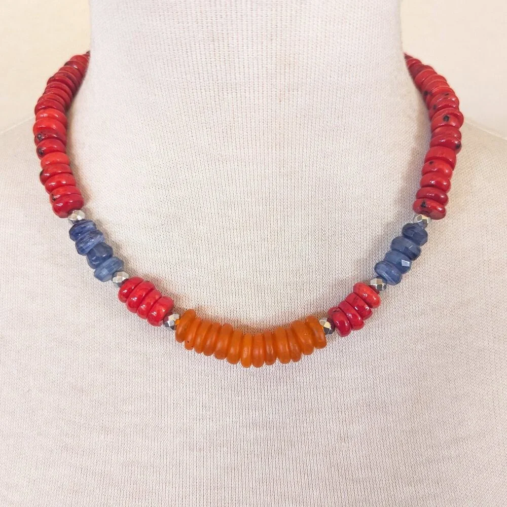 Southwestern Red Coral, Denim Blue Kyanite & Orange Statement Necklace